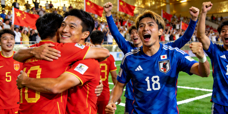 2026世界杯预选赛中国队2-1战胜日本队，球员们拥抱庆祝胜利的激动瞬间
