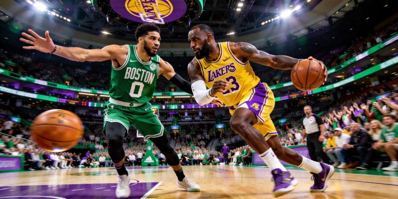 NBA总决赛湖人队对阵凯尔特人队，詹姆斯与塔图姆对位的激烈场景
